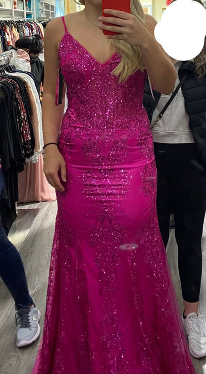 Glitter Mermaid Prom Dress Women Hot Pink Sequins Long Formal Dance Evening Party Gowns AB1716