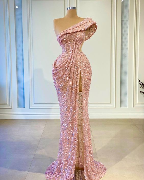 New Arrive Elegant One Shoulder Pink Sequin Long Party Dress Prom Dresses Mermaid Bodycon For Women N4077