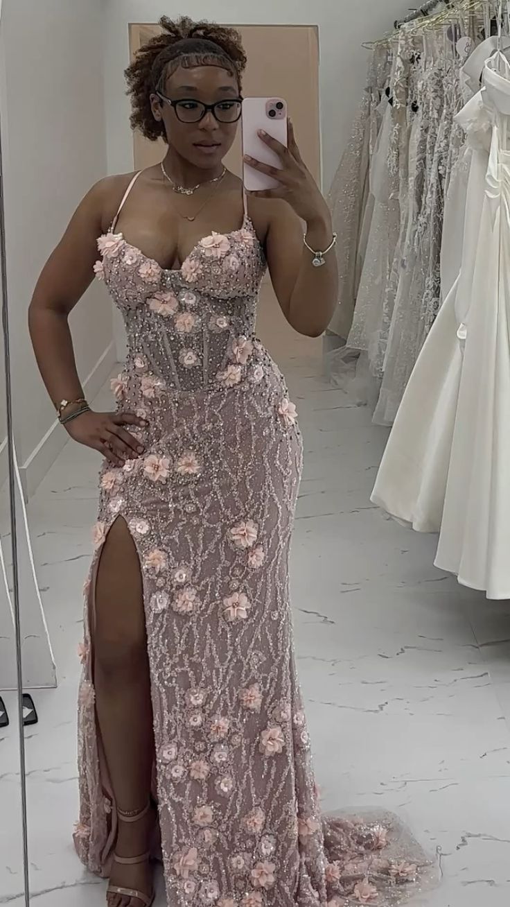 Sparkly Spaghetti Strap Pink Long Party Dress Prom Dresses With Flowers Mermaid Bodycon For Women N4087