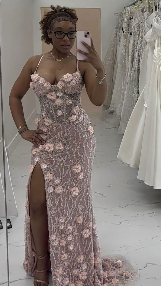 Sparkly Spaghetti Strap Pink Long Party Dress Prom Dresses With Flowers Mermaid Bodycon For Women N4087