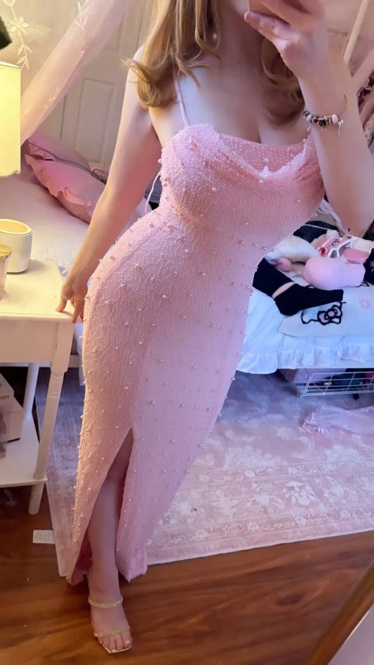 Spaghetti Strap Elegant Pink Sequin Long Party Dress Prom Dresses Mermaid Bodycon For Women N4080
