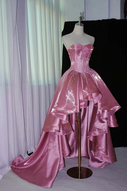 Elegant High Low Sweetheart Pink Satin With Tiered Beading Prom Dresses Formal Outfit Evening Night Dress RB8240