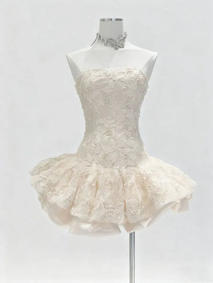 Pretty Ball Gown Strapless White Lace Mini Homecoming Dresses Short Party Birthday Outfits RB4178