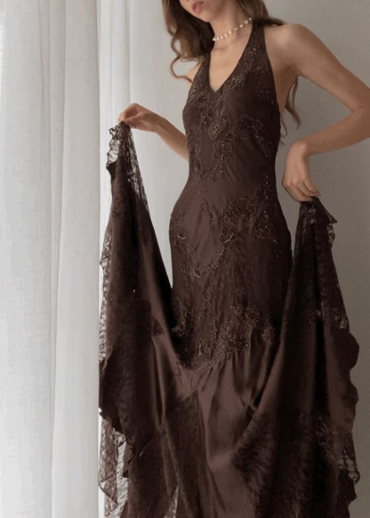 Vintage Mermaid Sleeveless Halter Brown Lace Long Prom Dresses Aesthetic For Senior Teens Party Outfits Prom Gown AB1173