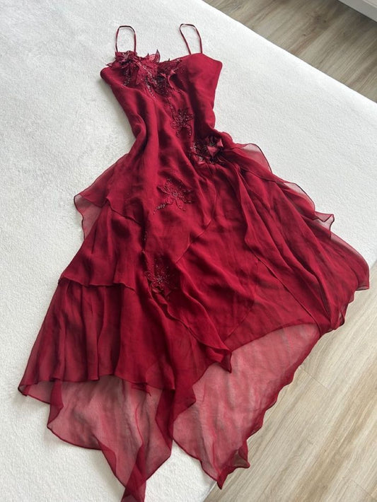 Vintage High Low Spaghetti Strap Chiffon Burgundy With Beaded Appliques Formal Gowns Evening Maxi Dress Prom Dress Aesthetic For Women Party Outfits AB1214