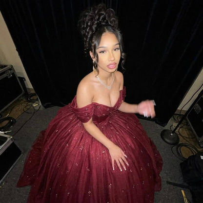Sweet 16 Dress Ballgown Off Shoulder Burgundy Tulle vestido de 15 Sweet Sixteen Dress RB9533