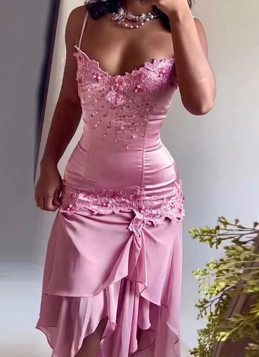 Vintage Mermaid Spaghetti Strap Pink Ruffles Long Prom Dresses For High School People Girls Formal Evening Party Gown N1013