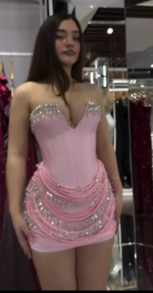 Classy Sheath Strapless Pink For Black Girls For Teens With Beads Party Short Mini 19th Birthday Dresses Hoco Outfit RB3791