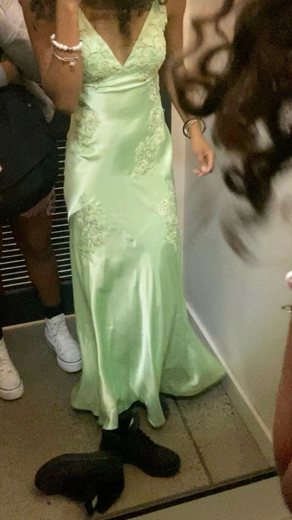 Pretty Mermaid V Neckline Green Satin Backless Evening Dress Prom Dresses With Beads AB957