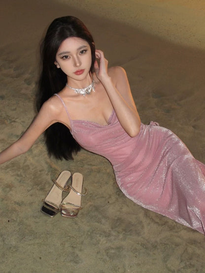 Modest Mermaid Spaghetti Strap Pink Sequin Evening Dresses Slit High School Teens Senior Night Dance Prom Outfits N016