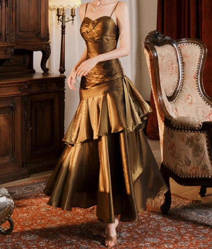 Vintage Spaghetti Straps Blue Chiffon Satin Ruffles Long Prom Dresses Fairytale Evening Dresses N1798