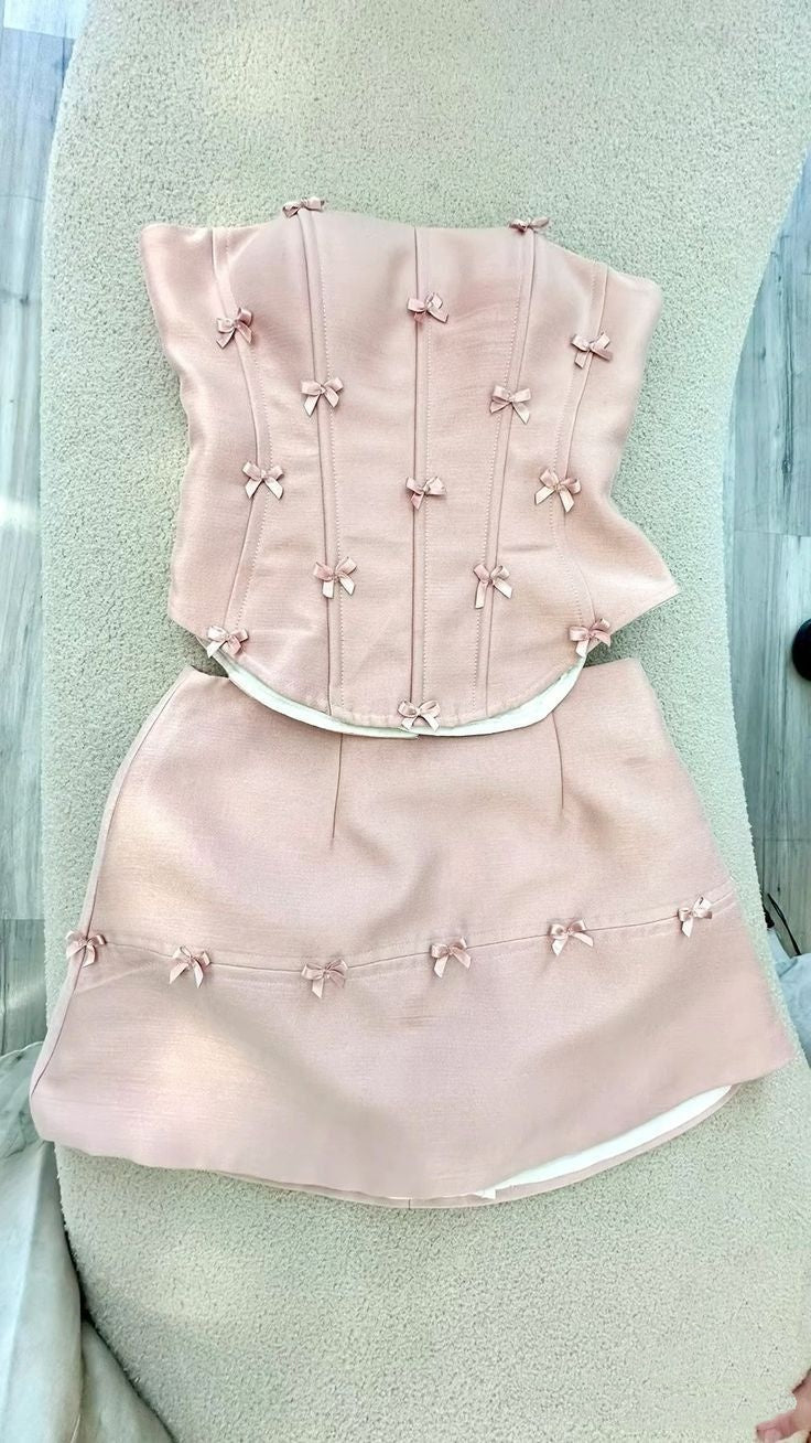 Stylish 2 Pieces Strapless Blush Pink Satin Semi-formal 12th Grad Short Inspo Homecoming Dresses RB4528