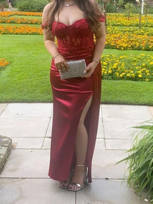 Simple Mermaid Off The Shoulder Burgundy Lace With Pleated Slit Long Prom Dresses Formal Gown Inspo Evening Outfit With Sleeves AB789