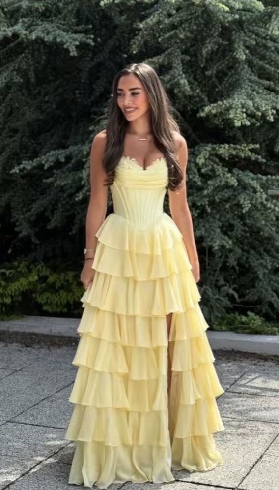 Elegant A line Sweetheart Yellow Sleeveless Chiffon Split Formal For Women Girls Teens Prom Dresses N2276