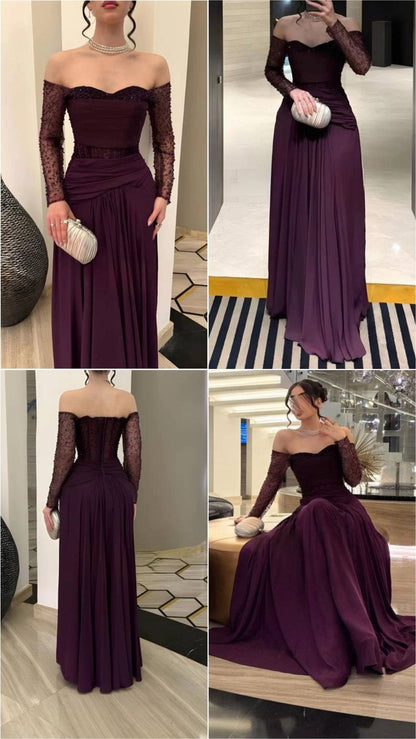 Sexy A Line Off The Shoulder Grape With Sleeves Beaded Prom Dresses Long Evening Formal Gown Wedding Party Gowns N365