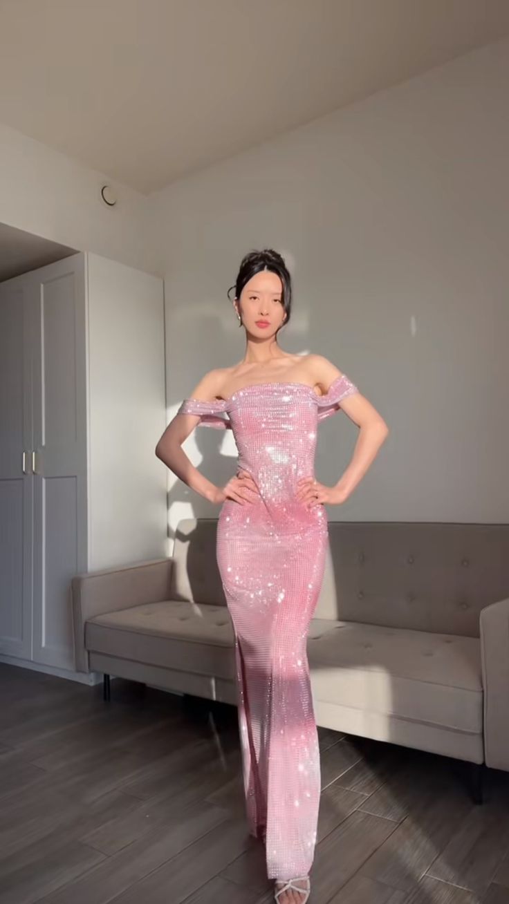 Prom Dress ideas Mermaid Off The Shoulder Pink Sequin Floor Length Formal Party Gown 8th Grade Dress RC0897