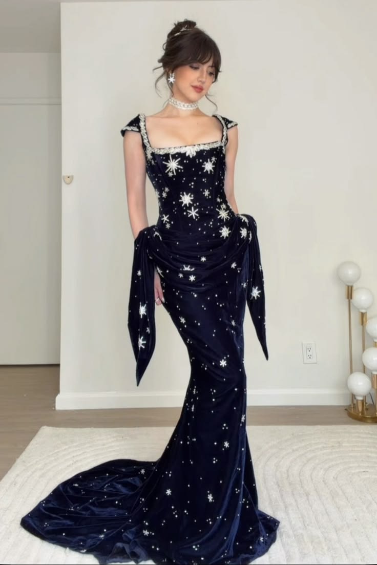 Prom Dress Mermaid Square Navy Blue Vestidos Velvet Floor Length Formal Gown for Women Graduation Party RB9446