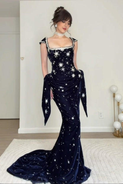 Prom Dress Mermaid Square Navy Blue Vestidos Velvet Floor Length Formal Gown for Women Graduation Party RB9446