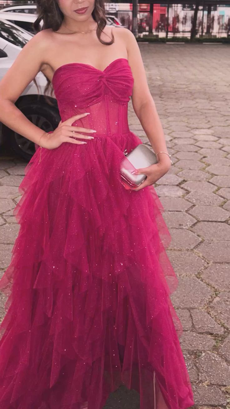Prom Dress A line Hot Pink Sweetheart Tulle Formal Evening Gown for Graduation Party RB9458