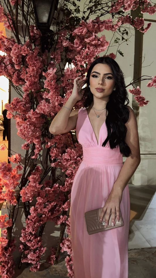 Simple A Line V Neck Pink Chiffon Prom Dresses Senior Evening Dress Party Gowns AB372