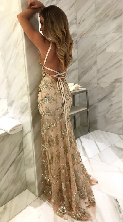Elegant Mermaid Halter Sleeveless Navy Blue With Lace Long Sequins Backless Prom Dresses Vestidos De Dia AB559