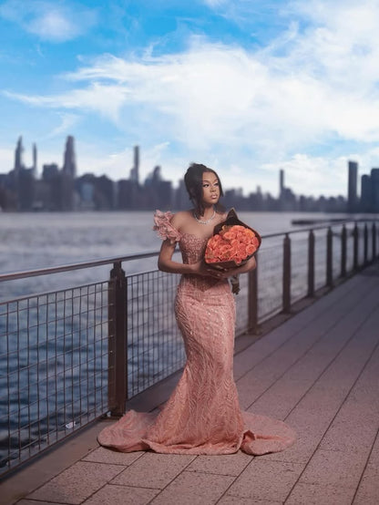 Elegant Dusty Rose Off-The-Shoulder Sweetheart Prom Dresses Mermaid Column Floor Length With Beads N622
