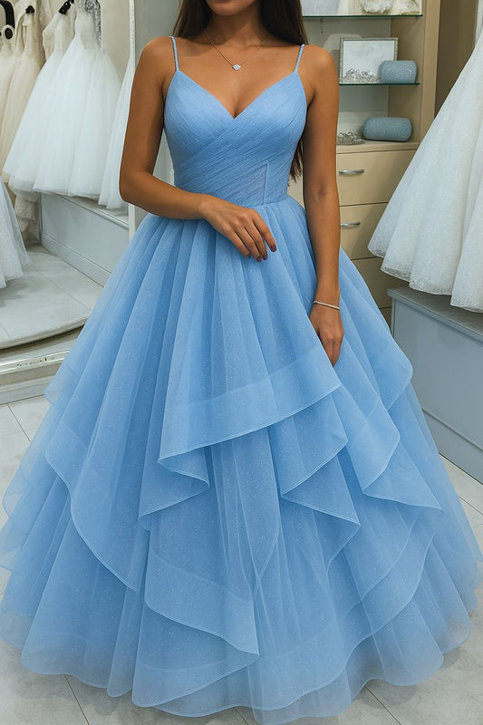 Classy Ball Gown Spaghetti Strap Blue Tulle Prom Dress Aesthetic For Teens Formal Dresses Party Outfits Prom Gown AB1114