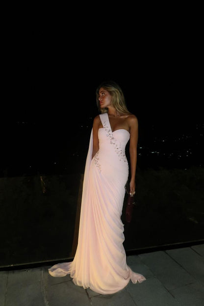 Unique Mermaid One Shoulder Light Pink Chiffon Prom Dresses Long Party Dress 18th Birthday Outfits Prom Gown RB1344