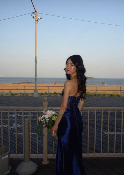 Special Sheath Strapless Dark Navy Blue Satin Beads Sequin Sleeveless Long Prom Dresses Inspo Prom Gown AB1030