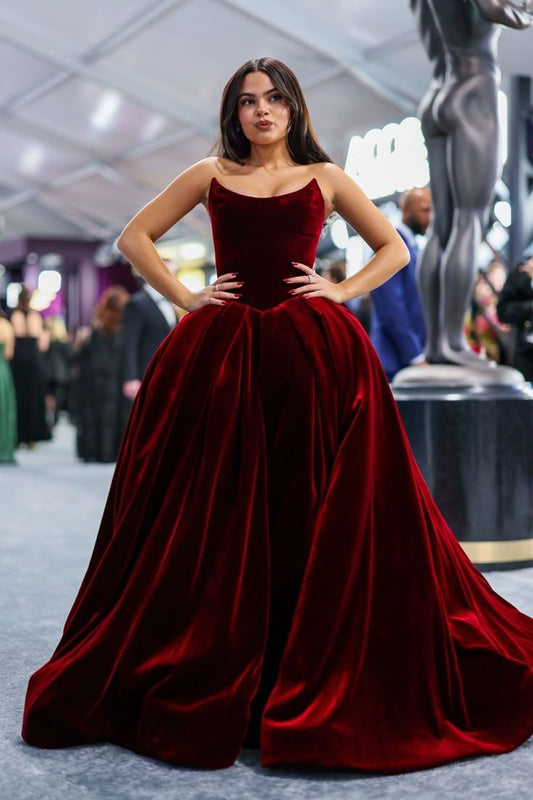 Modest Ball Gown Strapless Burgundy Velvet Prom Dresses Long Party Dress Evening Dresses AC025