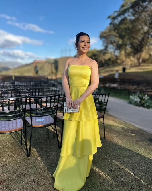 Modest A Line Satin Strapless Yellow Prom Dresses Long for Women Formal Evening Gowns AB186