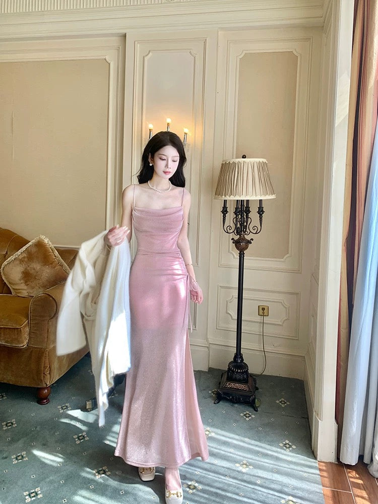Modest Mermaid Spaghetti Strap Pink Sequin Evening Dresses Slit High School Teens Senior Night Dance Prom Outfits N016