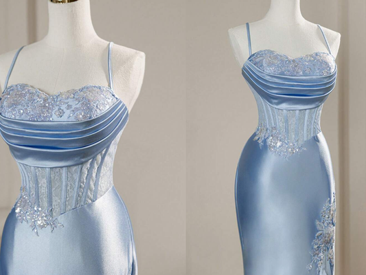 Elegant Mermaid Spaghetti Straps Blue Satin Beaded Pleated Long Prom Dresses Vestidos De Dia AB591