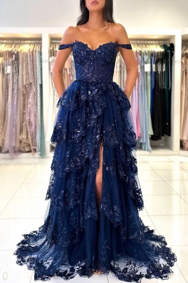Modest A line Off The Shoulder Navy Blue Lace Slit Prom Dresses With Sleeves Party Dress Evening Dresses AB1083