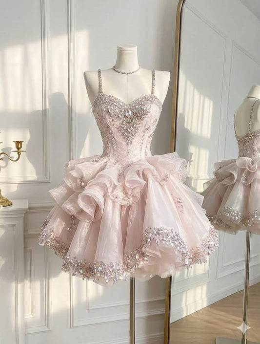 Cute Ball Gown Spaghetti Strap With Beaded Pink Mini Senior Inspo Short Birthday 17th Party Outfits Homecoming Dresses RB3134