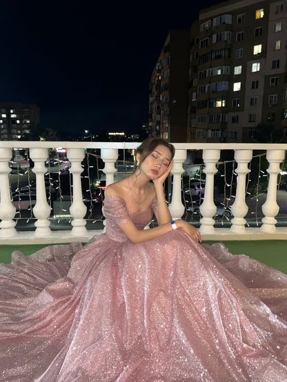 Aesthetic Pink Prom Dress A Line Off The Shoulder Princess Long Party Evening Formal Gown RC1154