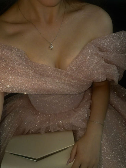 Aesthetic Pink Prom Dress A Line Off The Shoulder Long Party Evening Formal Gown RC1153