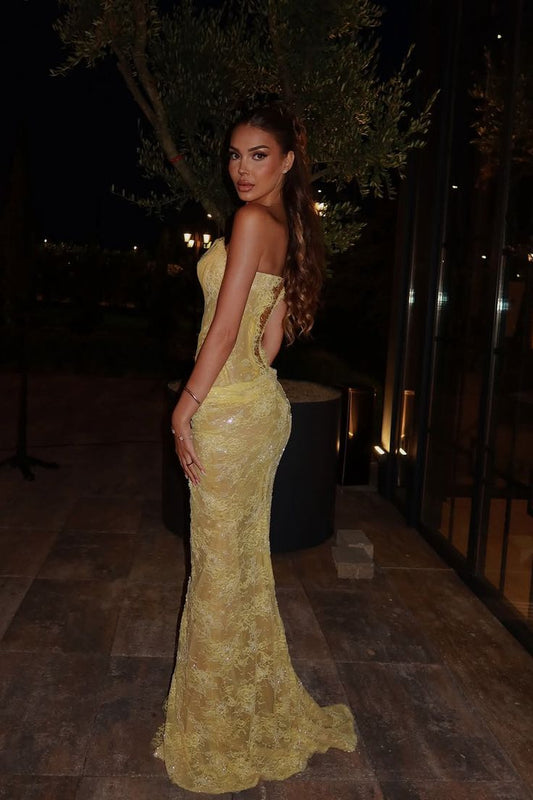 Dreamy Daffodil Sweetheart Strapless Sleeveless Lace Prom Dress Mermaid Side Split With Lace-Up Back Formal Party Gown For Women AB1530