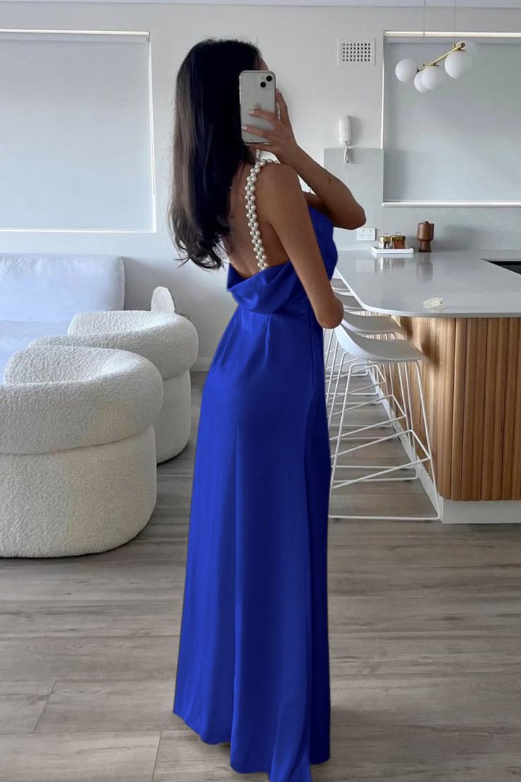 Sheath Spaghetti Straps Satin Long Prom Dresses With Pearls For Women AB1549