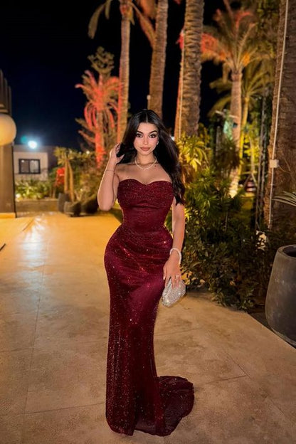 Sparkling Burgundy Sweetheart Strapless Sleeveless Sequins Prom Dress Mermaid Column On Sale AB1544