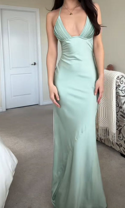 Charming Mermaid Halter Satin Mint Green Summer Spring Inspiration Long Wedding Guest Dress Birthday Outfits N1567