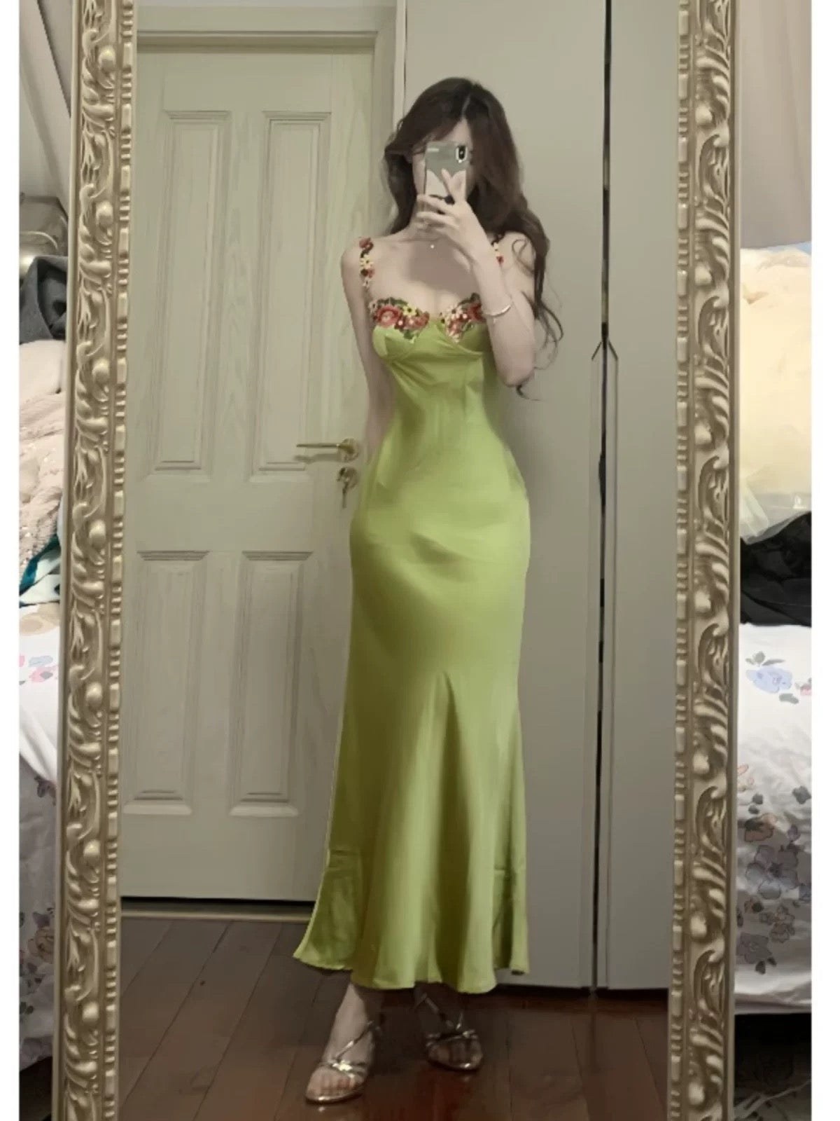 Simple A line Spaghetti Straps Satin Vestido De Desta Verde Green Prom Dresses Wedding Guest Dress N266