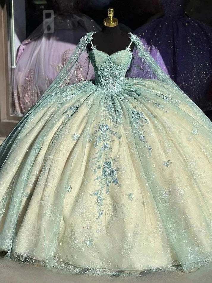 Cute Ball Gown Spaghetti Straps Tulle Long Sleeveless Appliques Quinceanera Dress Sweet 15 16 Dresses DH2907