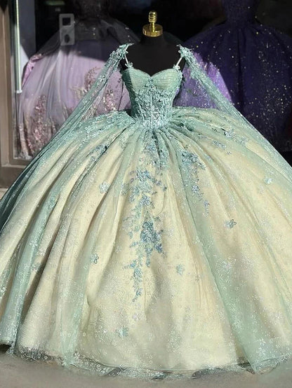 Cute Ball Gown Spaghetti Straps Tulle Long Sleeveless Appliques Quinceanera Dress Sweet 15 16 Dresses DH2907