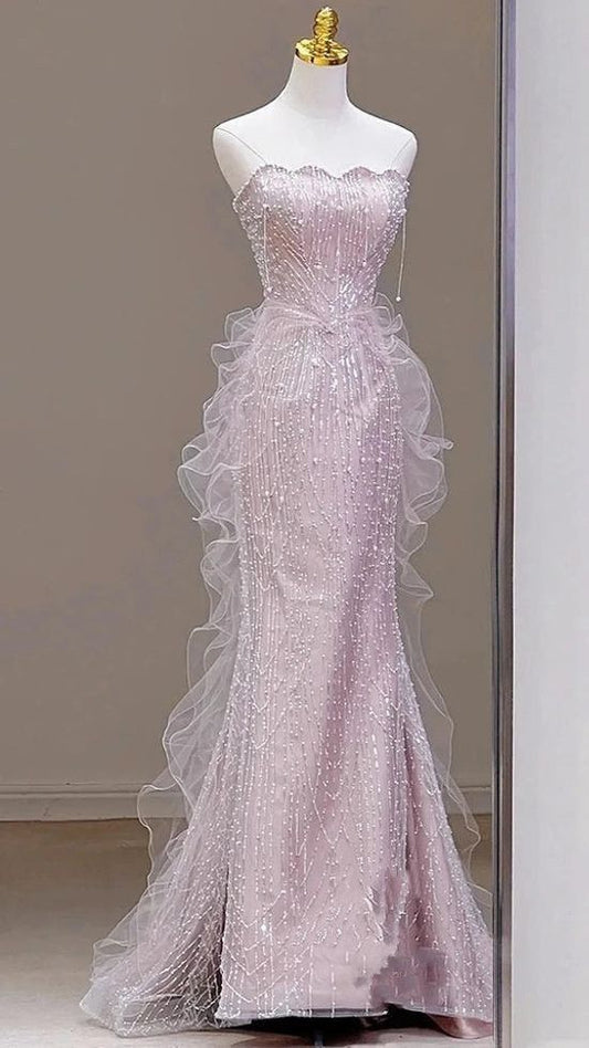 Modest Mermaid Strapless Pink Sequins Prom Dresses Inspiration Long Party Night Evening Dress 18th Birthday Outfits AB2356