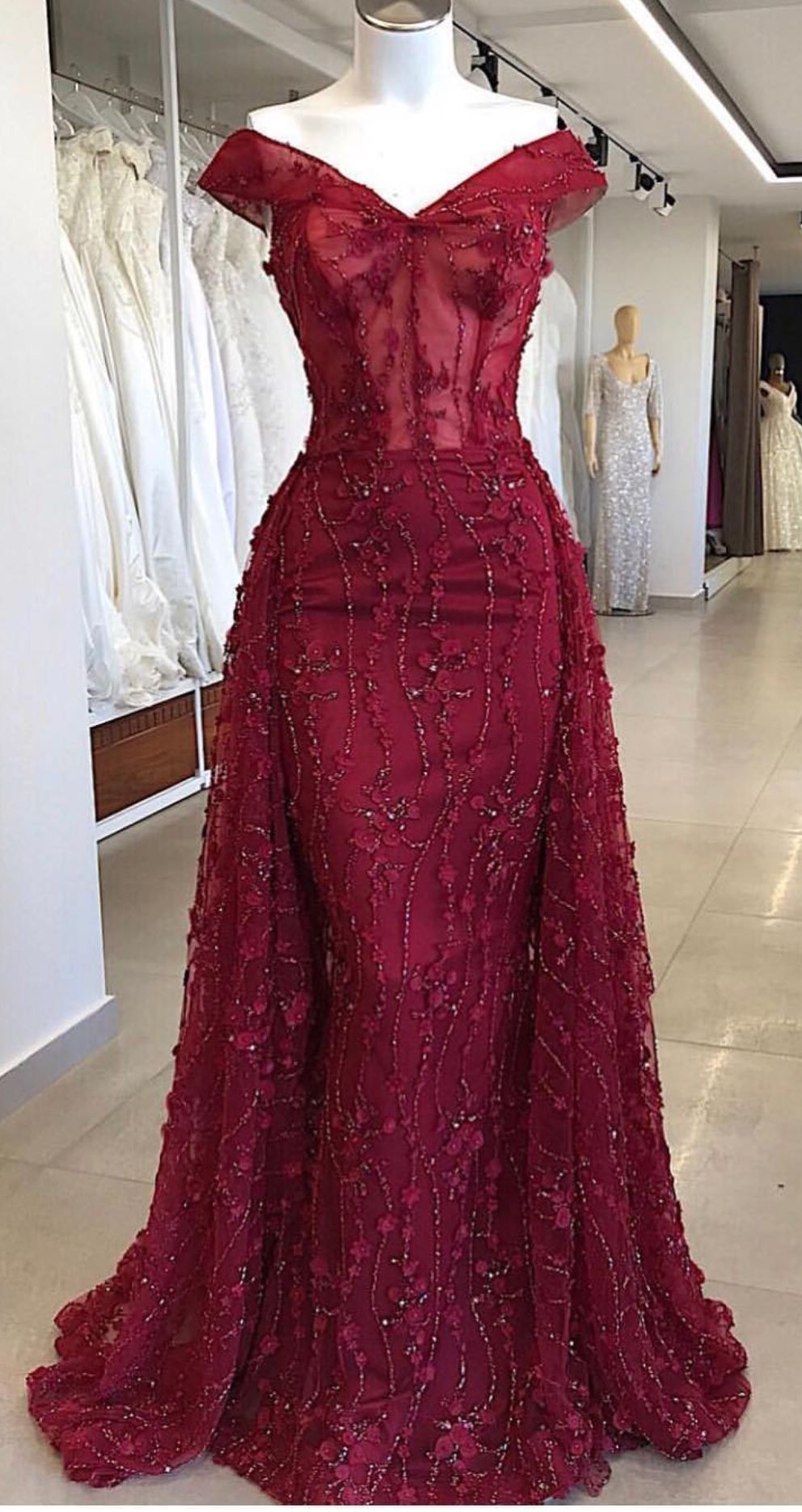 Attractive Off-Shoulder Beaded Burgundy Mermaid Prom Dresses Evening Dress Party Gowns AB348