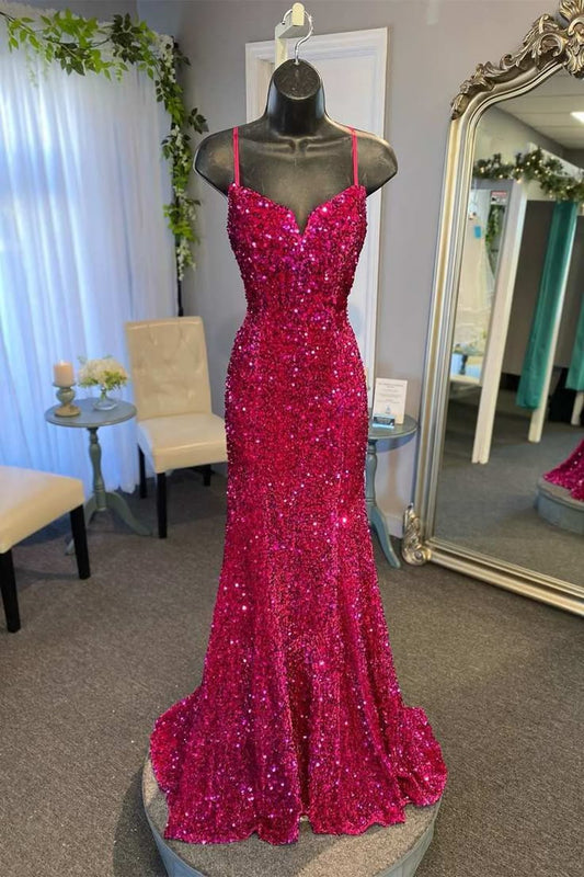 Spaghetti Straps Mermaid Sequin Long Evening Prom Dress Party Gown AB344