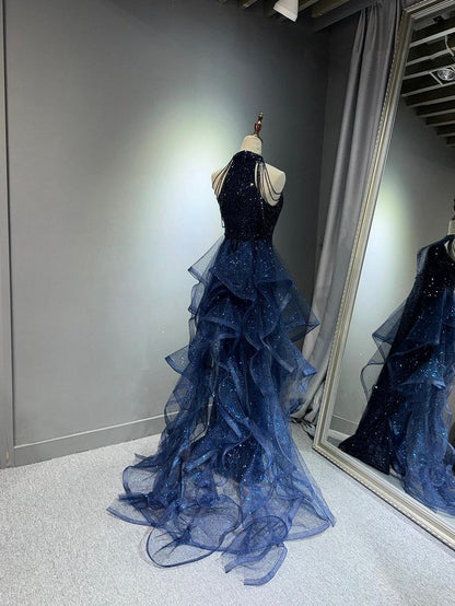 Navy Blue Sequins Long Prom Formal Dress Mermaid Evening Party Dresses AB680
