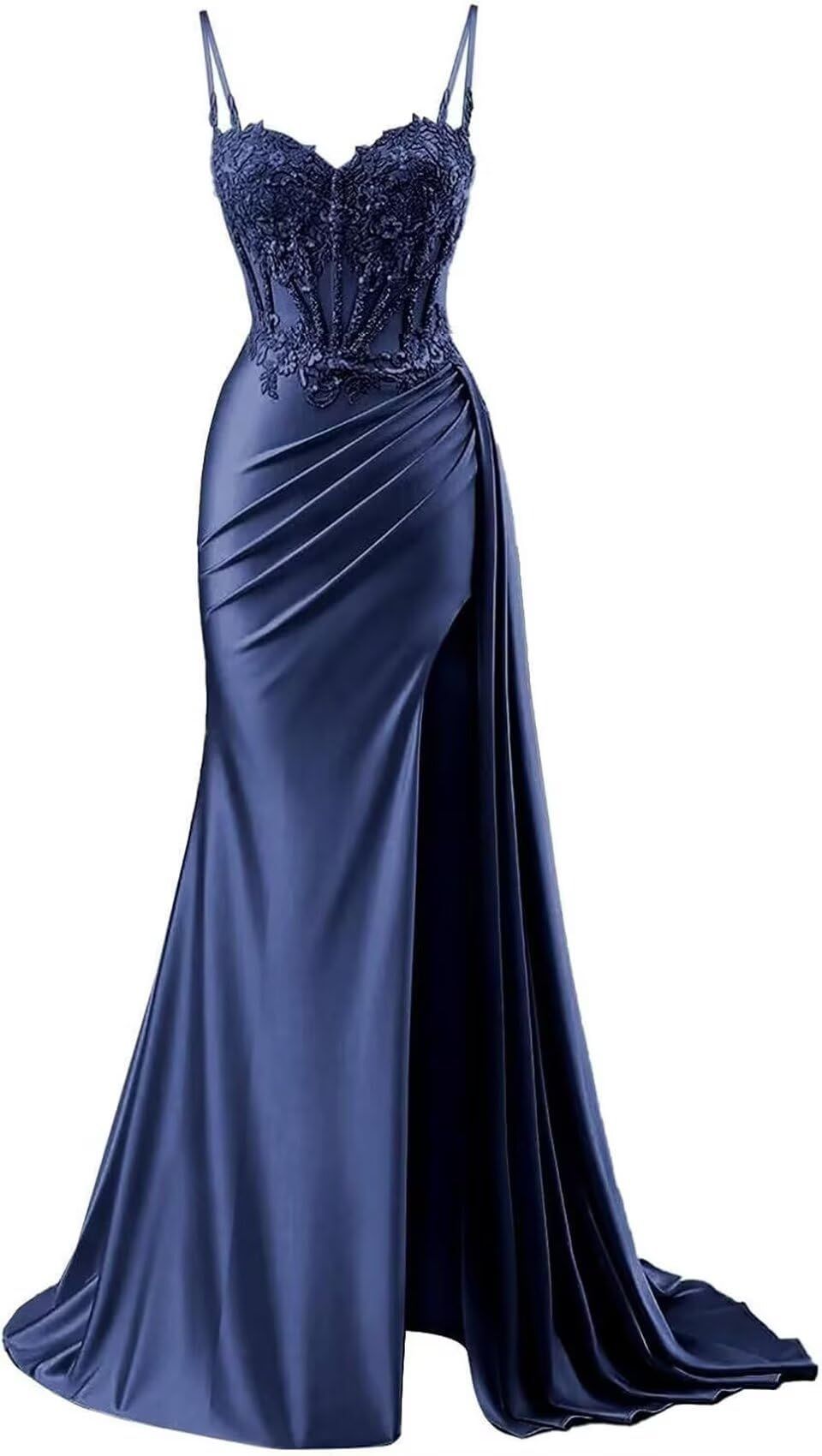 Mermaid Prom Dresses for Women Sparkly Satin Lace Appliques Formal Dress with Slit Spaghetti Straps AB682