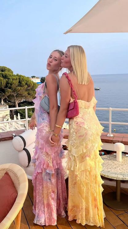 Unique Mermaid Spaghetti Straps Yellow Lace Chiffon Prom Dresses Long Party Dress 21st Birthday Outfits Graduation Gown N901